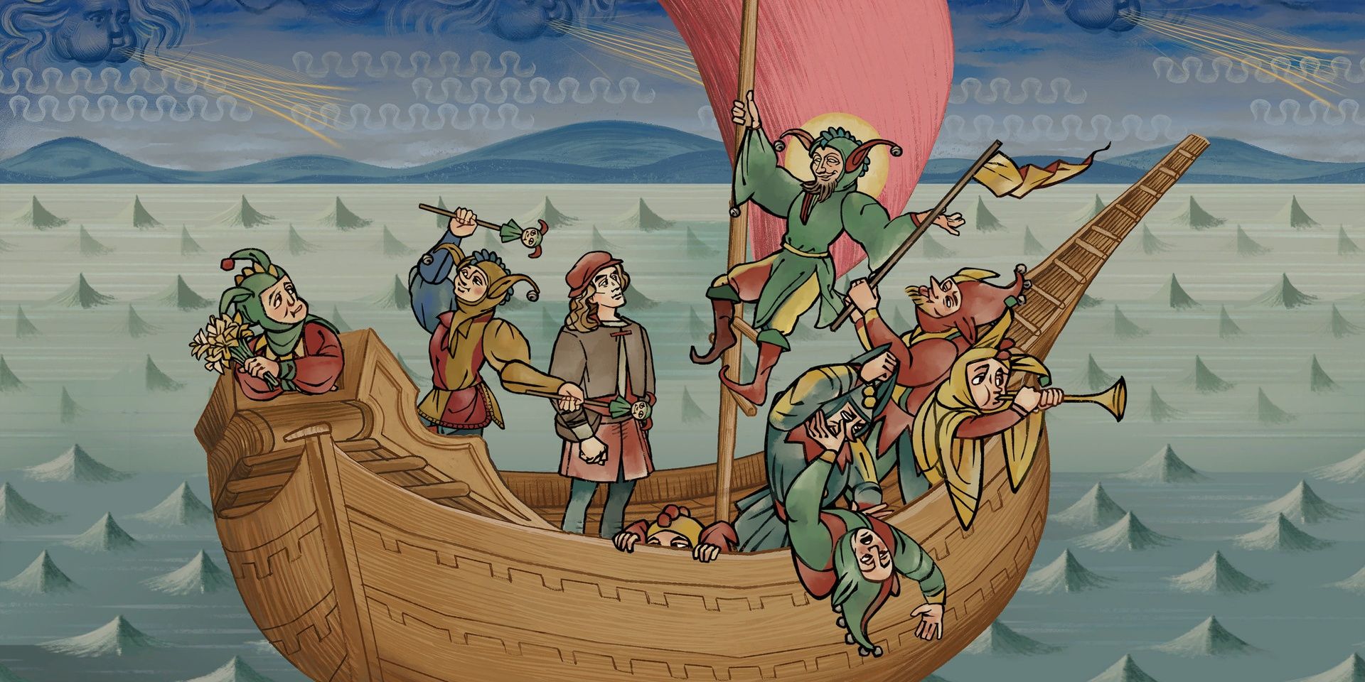 Andreas surrounded by fools on a ship in Pentiment