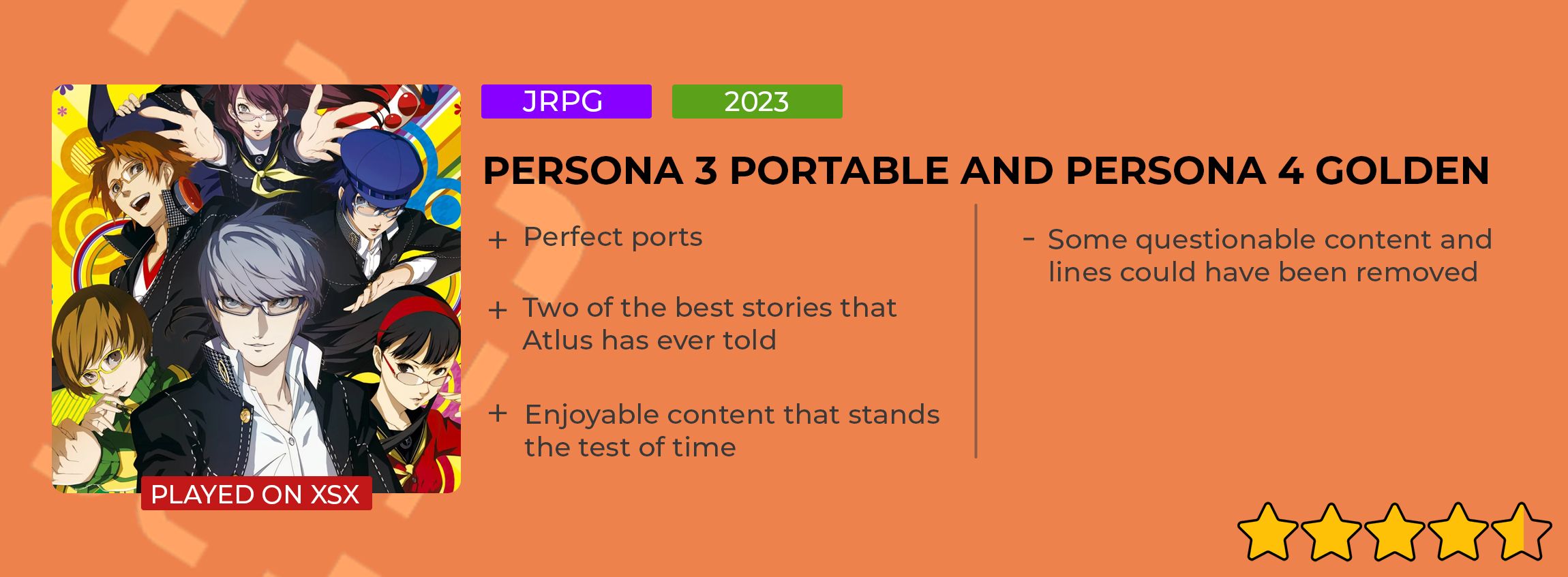 Persona 3 and 4 review card for TheGamer that gives it 4.5/5.
