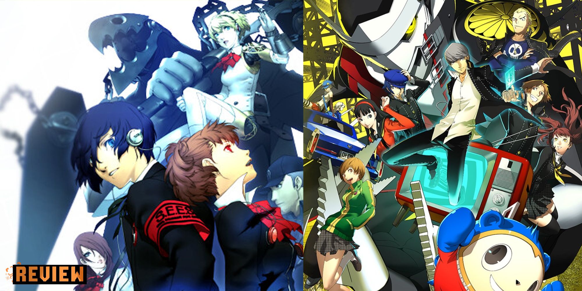 A split image of the Persona 3 Portable and Persona 4 Golden key artwork that depicts some of the main characters from each game.