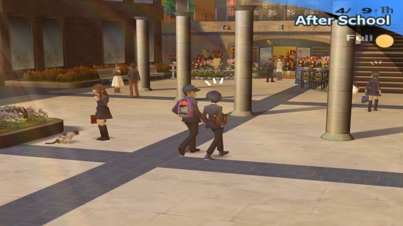Persona 3 FES - the main character and Junpei walking through town together.