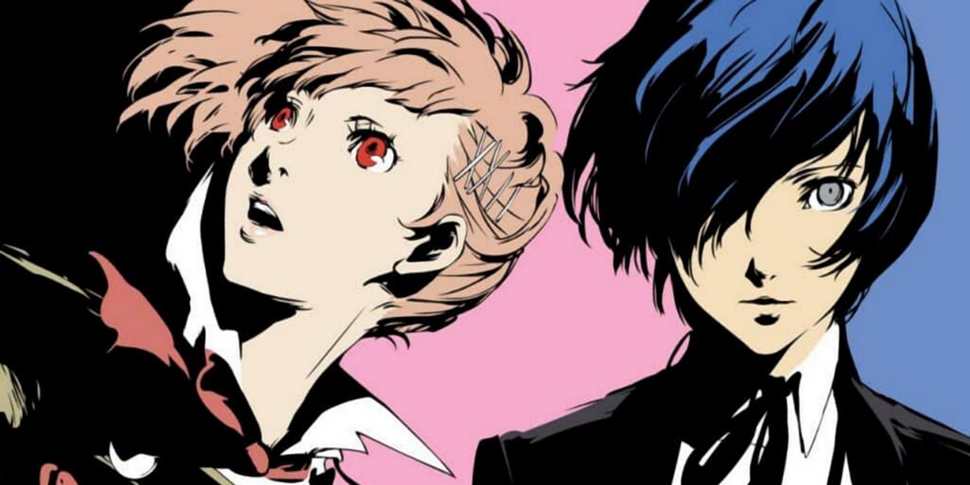 два главных героя игры persona 3 portable на розовом и голубом фоне