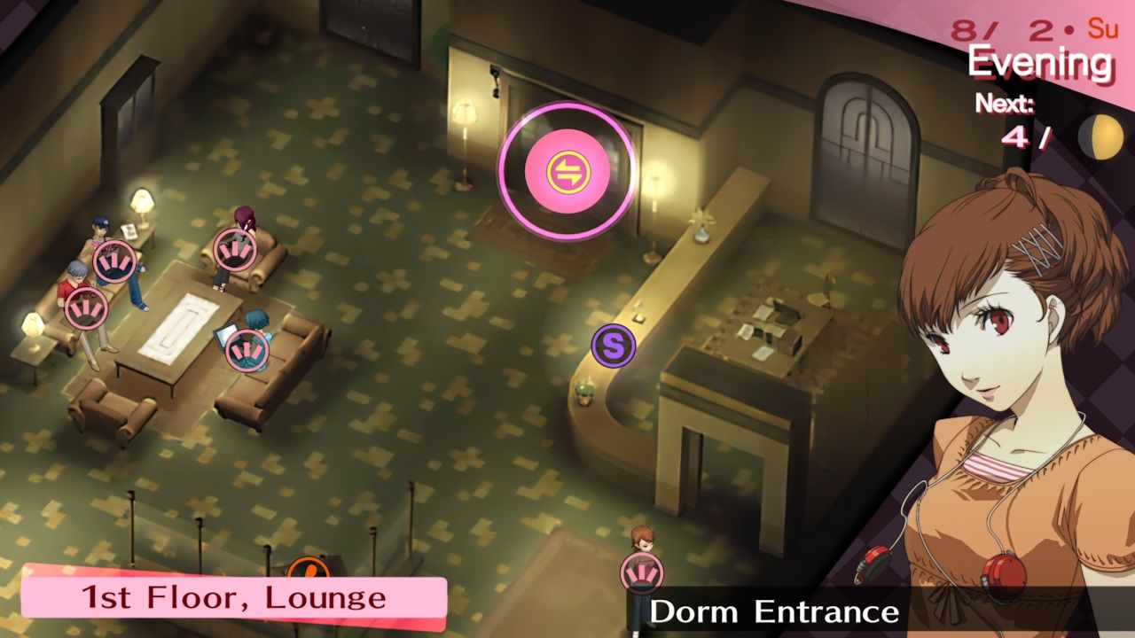 Persona 3 Portable - The characters sat in the lounge in the dorm.
