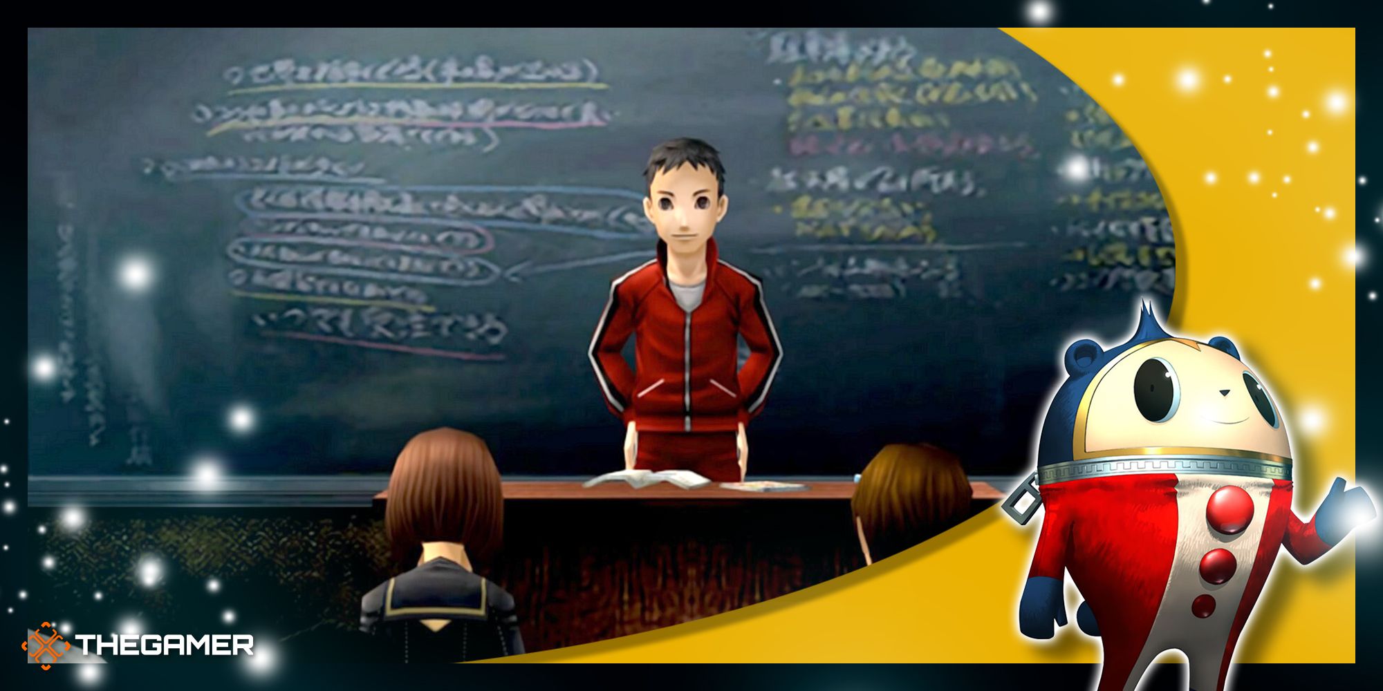 Persona 4 Golden - A teacher standing at the front of the classroom with a Teddie overlay in the bottom corner.