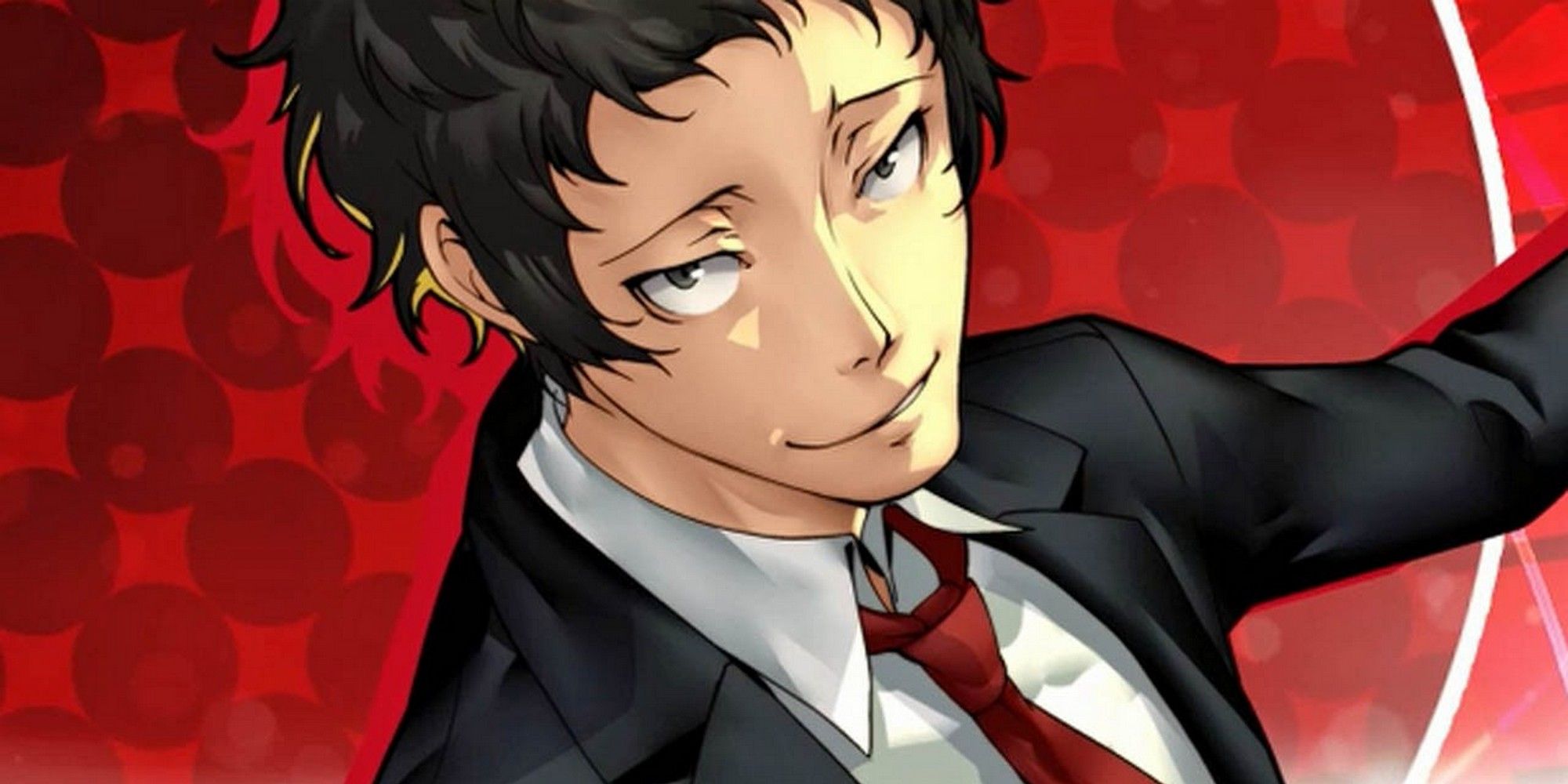 persona 4 golden adachi on a red background