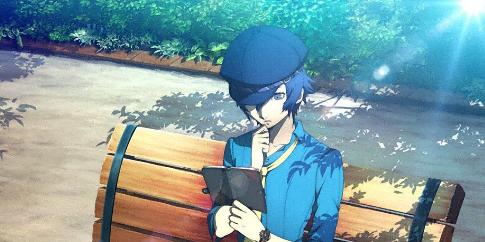 persona 4 golden naoto shirogane reading on a bench