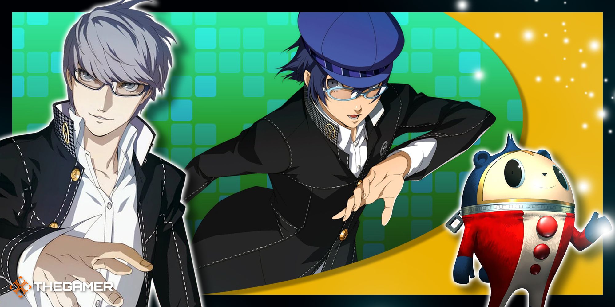 Persona 4 Golden - A collage of Yu, Naoto Shirogane, and Teddie.
