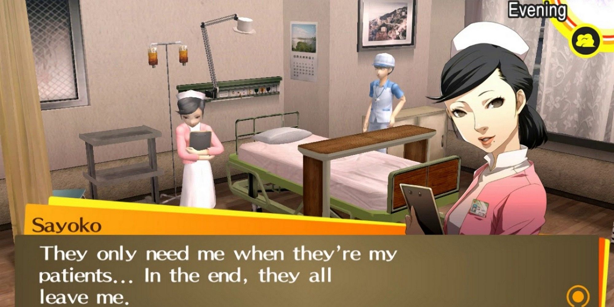 yu and sayoko at the hospital in persona 4 golden, talking about patients leaving