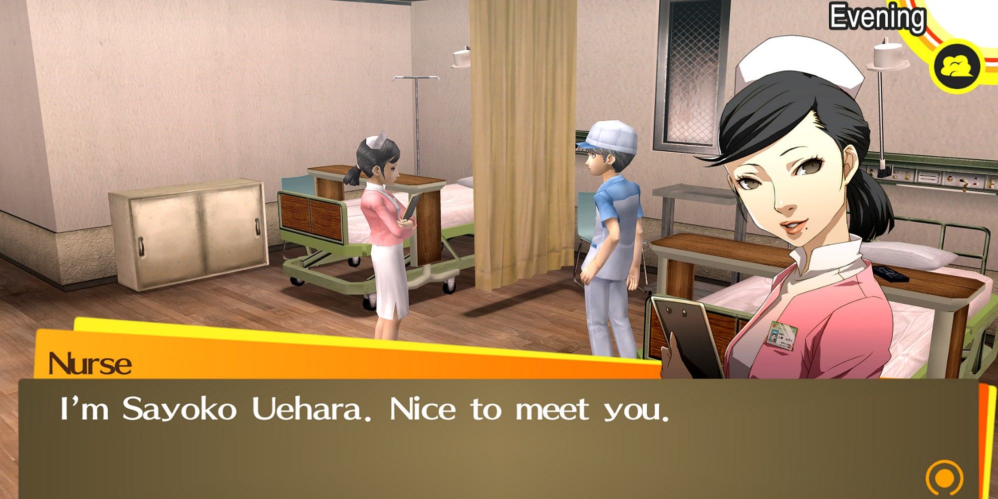 Yu and Sayoko meeting at the Hospital Janitor job in Persona 4 Golden