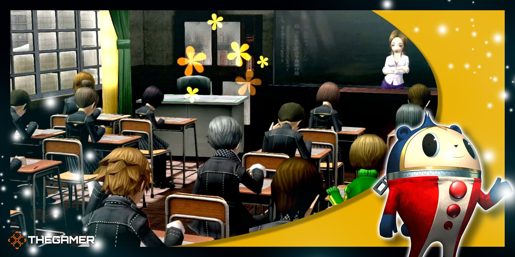 Persona 4 Golden - Yosuke, Yu, and Chie sitting in class while their teacher talks, with a Teddie overlay in the corner.