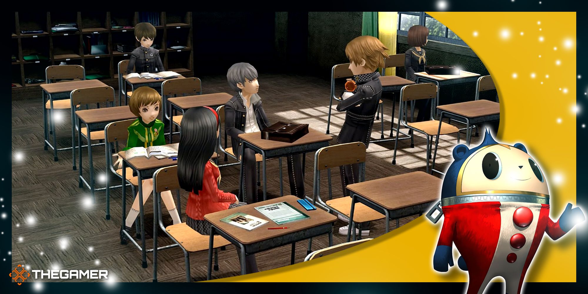Persona 4 Golden - Yosuke, Yukiko, Chie, and Yu all chatting in class with a Teddie overlay in the corner.-1