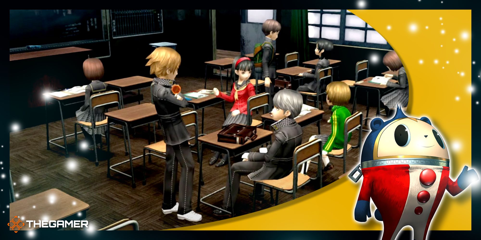 Persona 4 Golden - Yosuke, Yukiko, Chie, and Yu all chatting in class with a Teddie overlay in the corner.