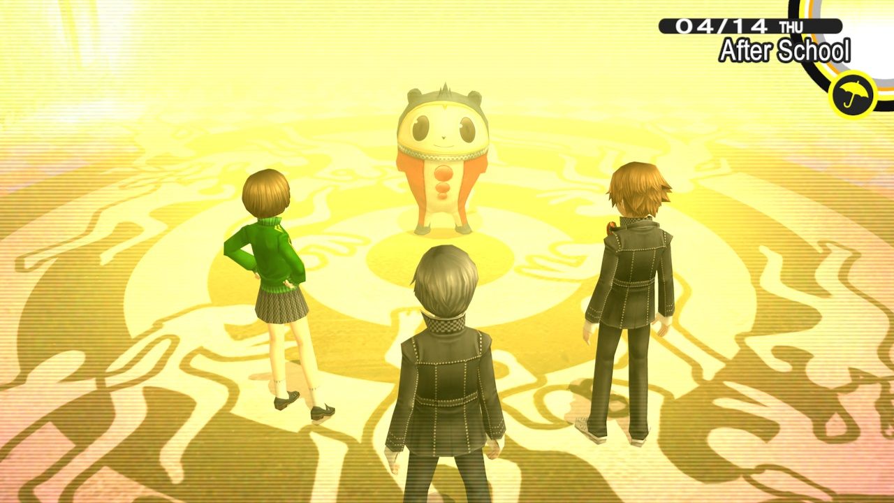 Persona 4 Golden - Yu, Chie, and Yosuke meeting Teddie for the first time.