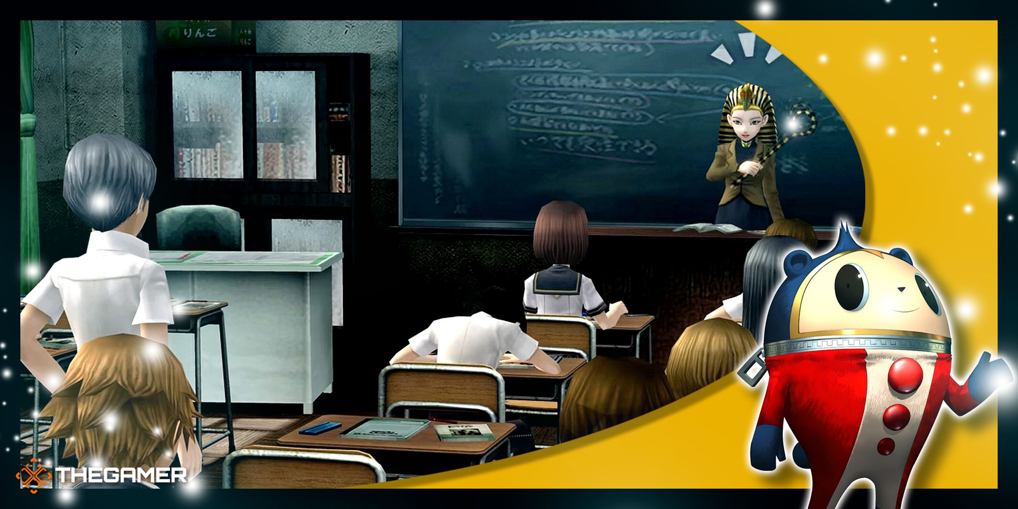 Persona 4 Golden - Yu standing up in class to answer a question with a Teddie overlay in the corner.
