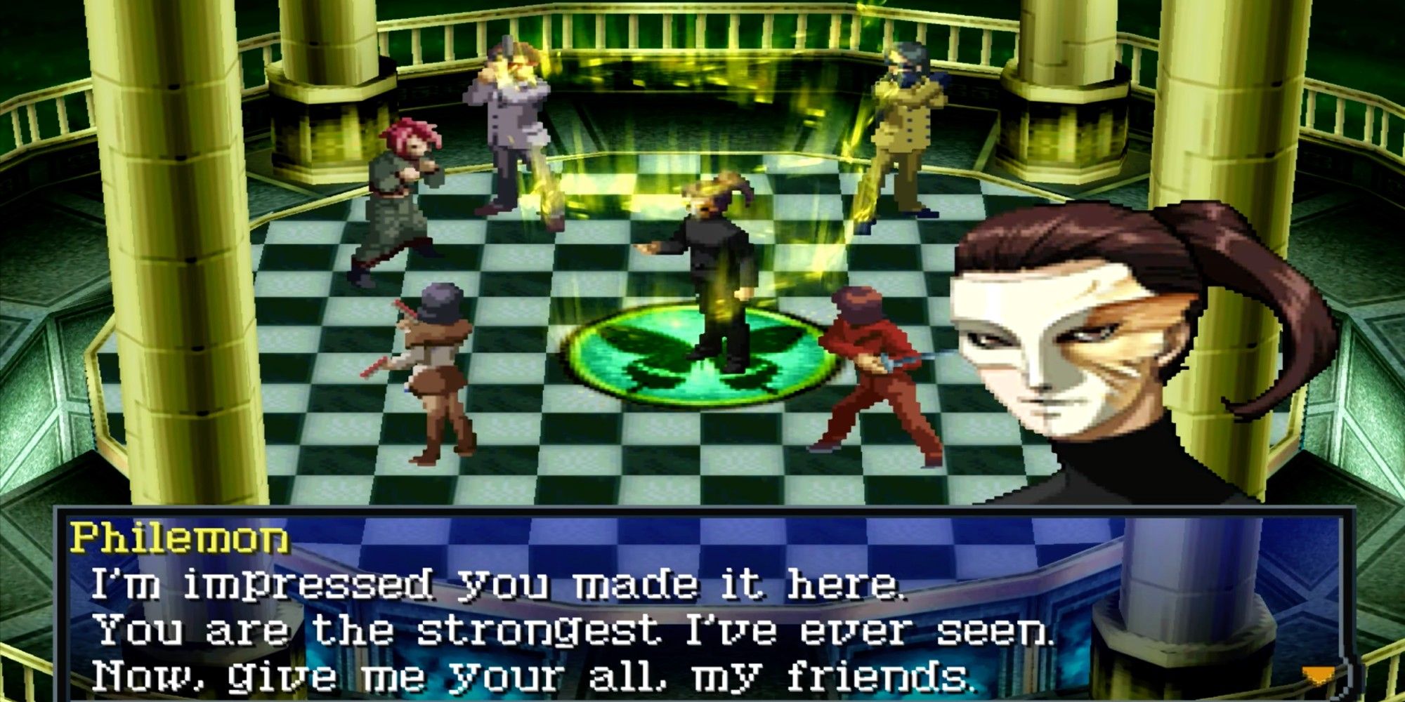 Philemon stands inside of a circle made up of your party members, and challenges them to test their strength - Persona 2: Eternal Punsihment