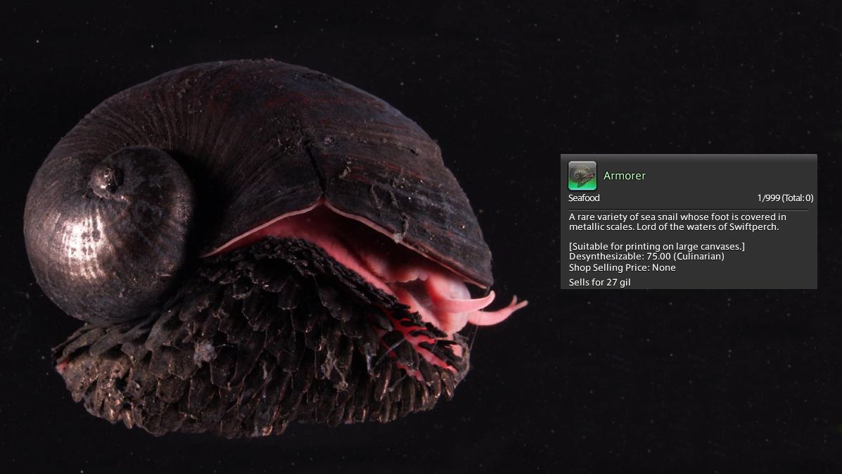 Photo of an Iron Snail with Final Fantasy 14's Armorer Snail information overlaid on the top.
