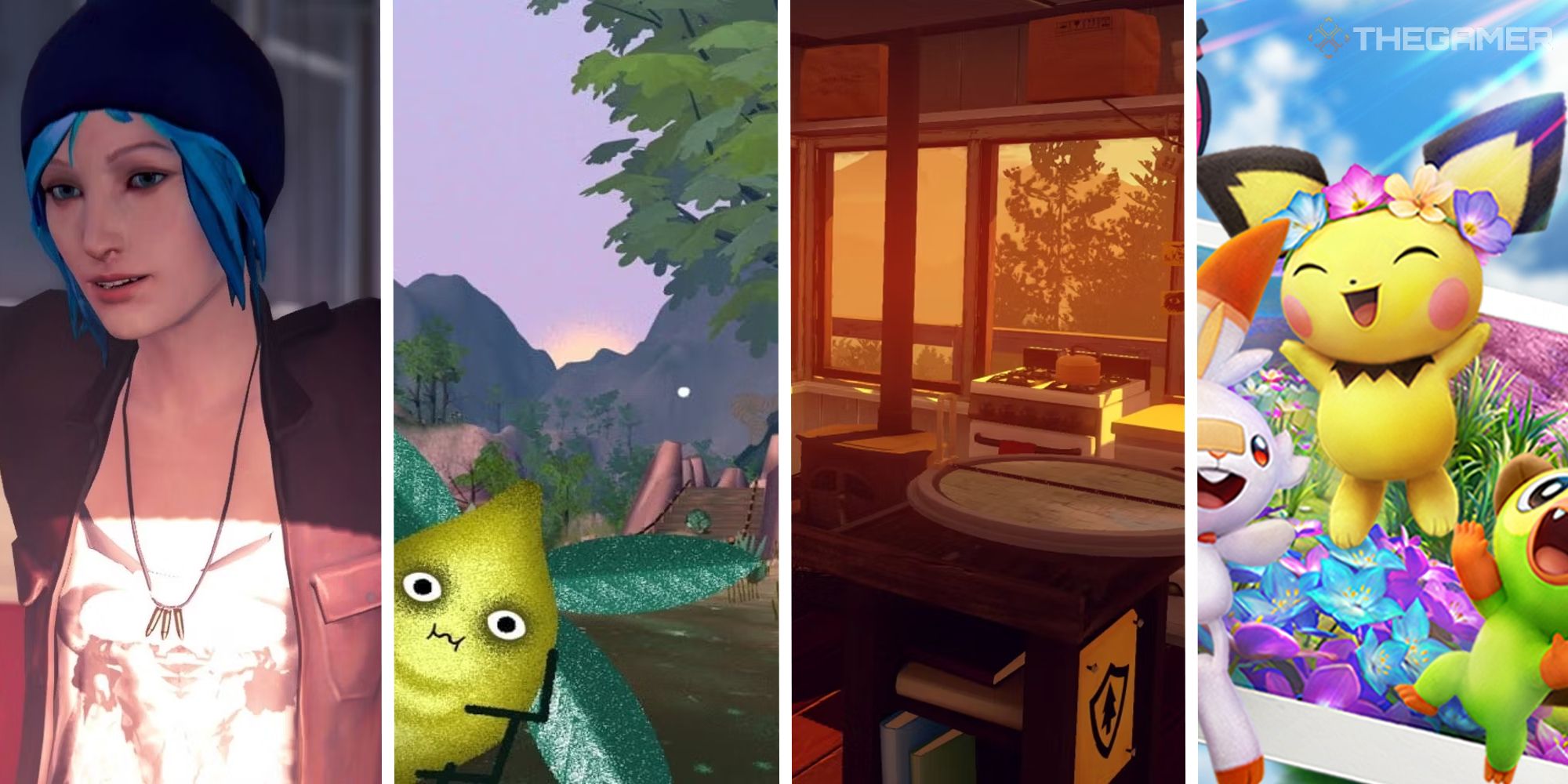 split image showing life is strange, penko part, firewatch, and new pokemon snap
