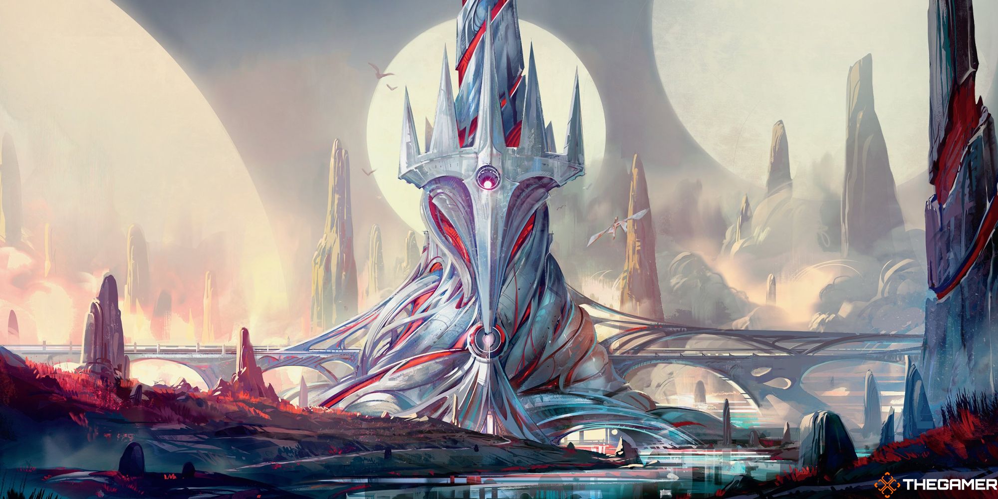 A red and white landscape of New Phyrexia.