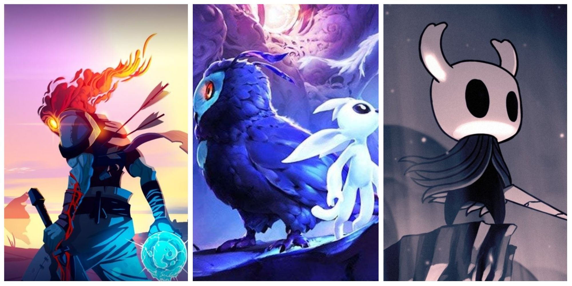 Collage of platformer character art featuring the main characters of Dead Cells (left), Ori and the Will of the Wisps (center), and Hollow Knight (right)