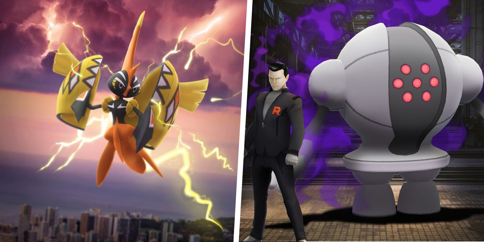 Image of Tapu Koko split with an image of Giovanni standing next to Shadow Registeel