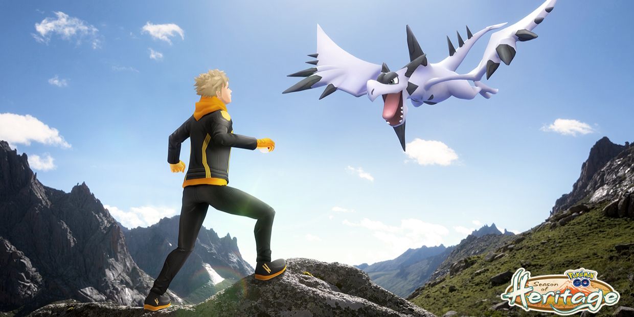 Spark from Pokemon Go standing on a cliff looking at Mega Aerodactyl flying in the sky