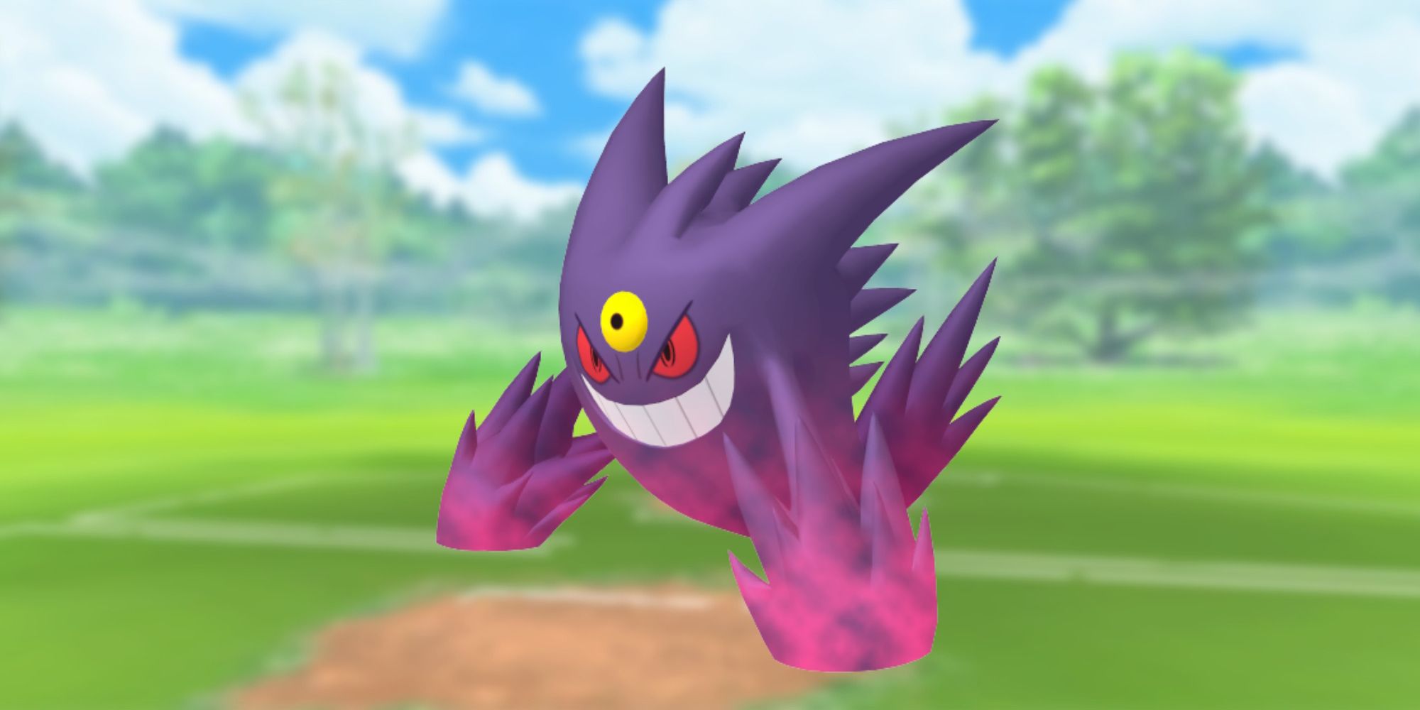 Mega Gengar from Pokemon with the Pokemon Go battlefield as the background