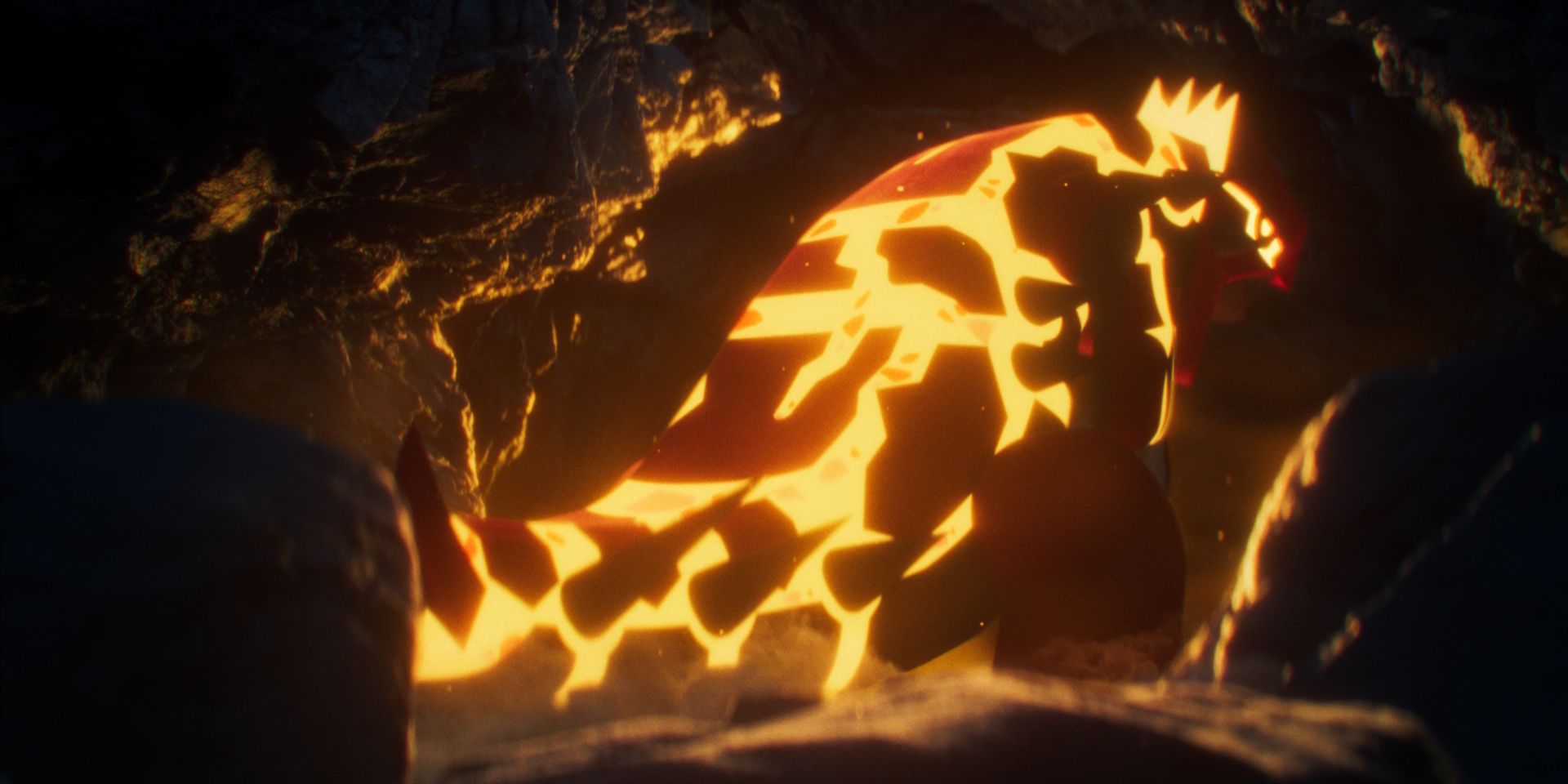 Image of Primal Groudon on in a cave with its back turned to the camera