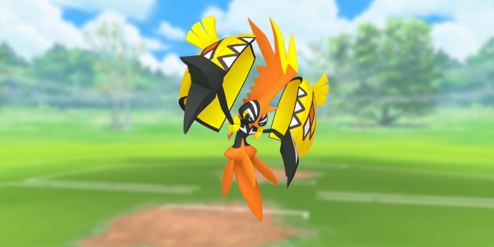 Tapu Koko from Pokemon, with the Pokemon Go battlefield as the background