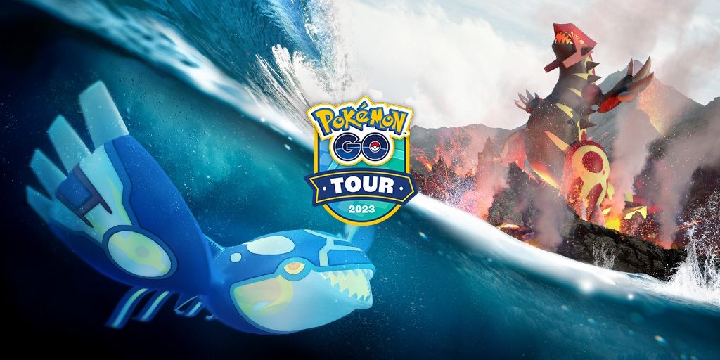 Primal Kyogre underwater split with an image of Primal Groudon with the Pokemon Go Tour logo in the center