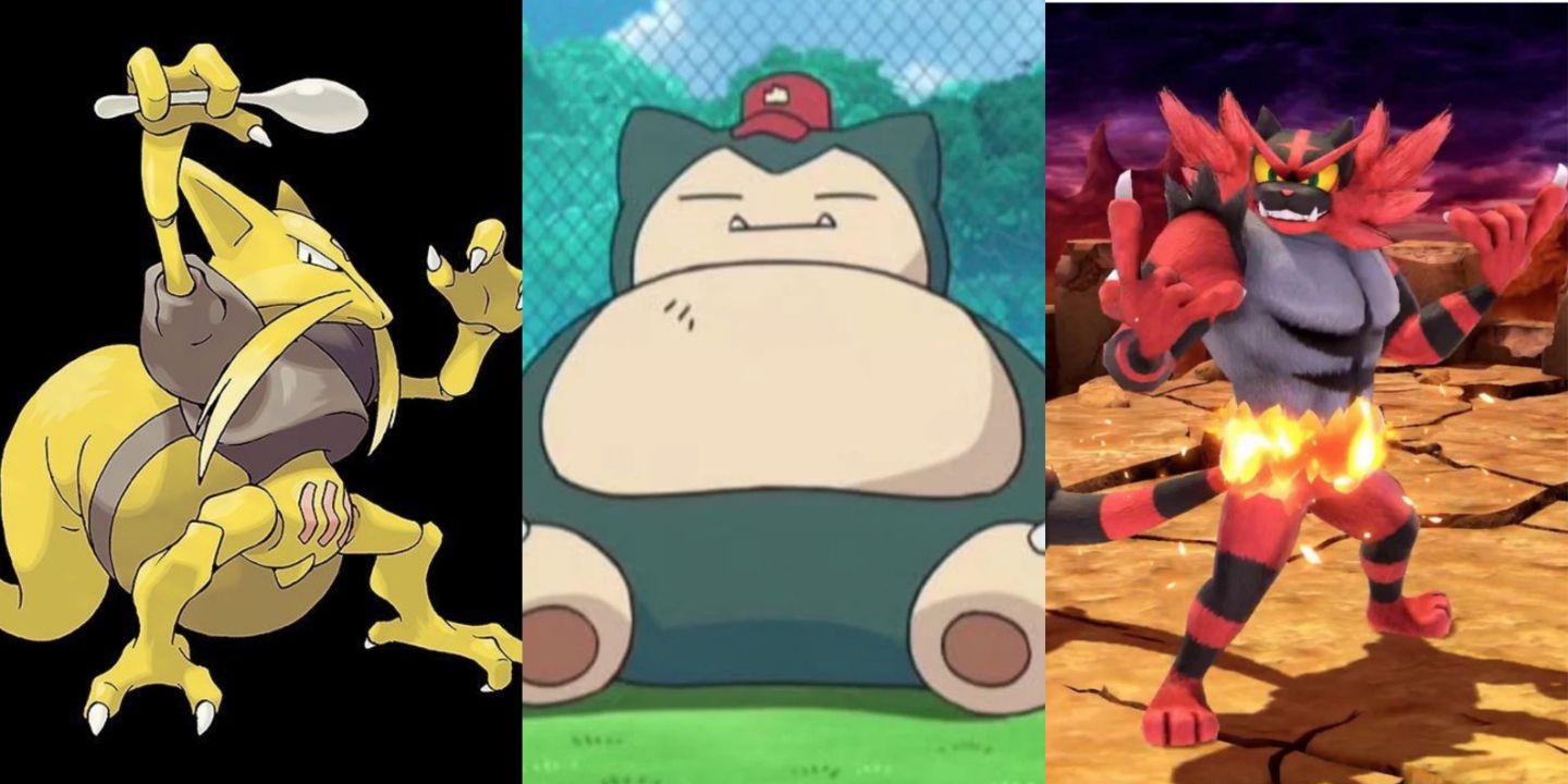 Kadabra on a black background, Snorlax wearing a baseball cap, Incineroar standing in Smash Bros.