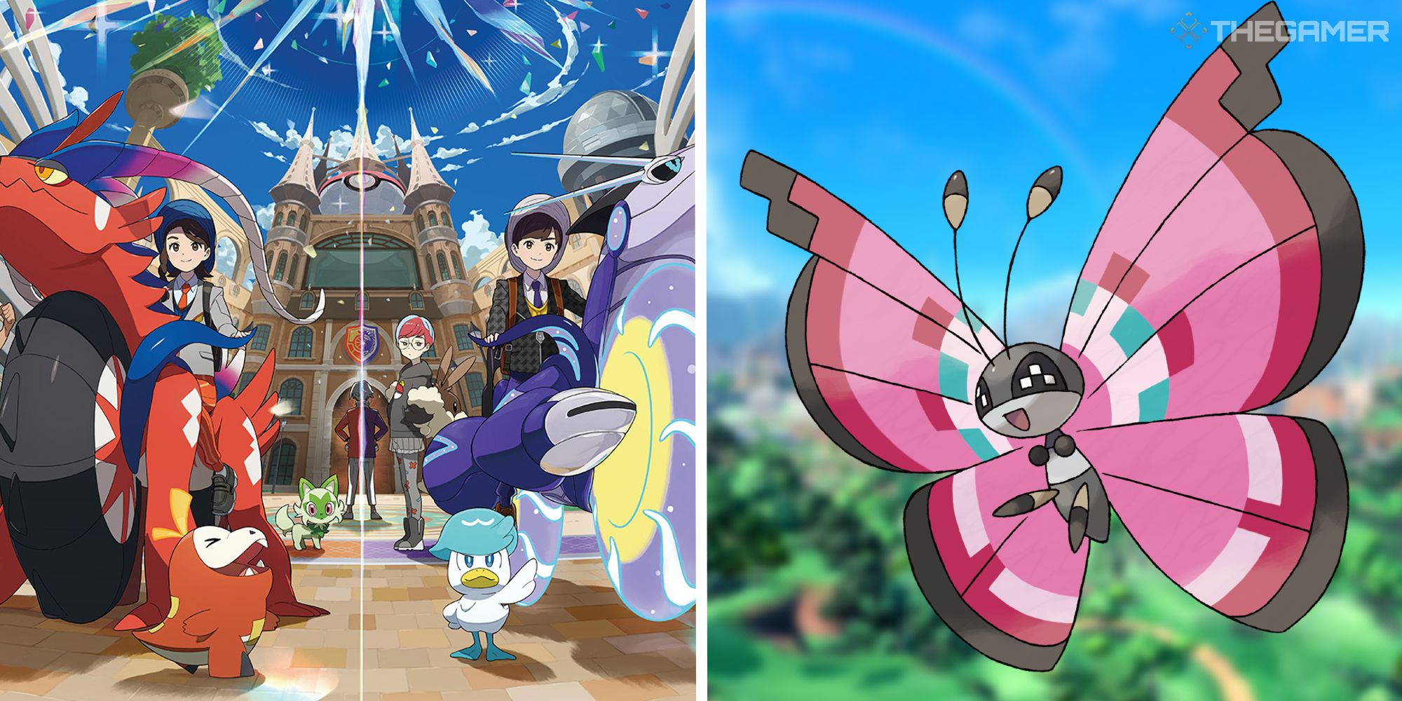 promotional art for scarlet and violet next to image of vivillon