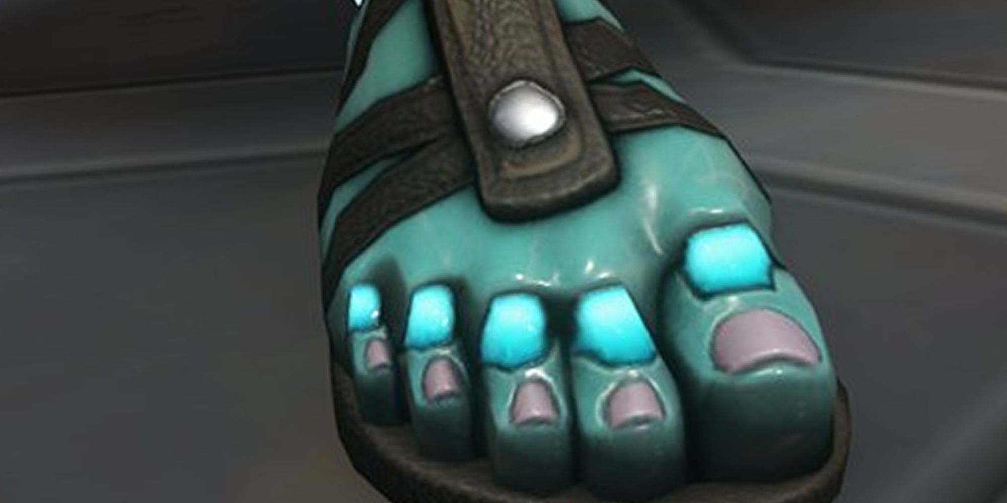 Overwatch 2 Ramattra Poseidon skin, zoomed in shot of his blue foot in a sandal