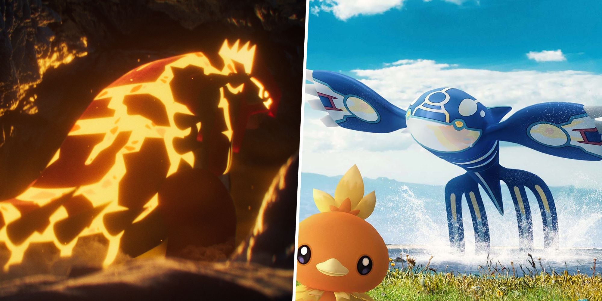 Image of Primal Groudon turned around split with an image of Primal Kyogre and Torchic