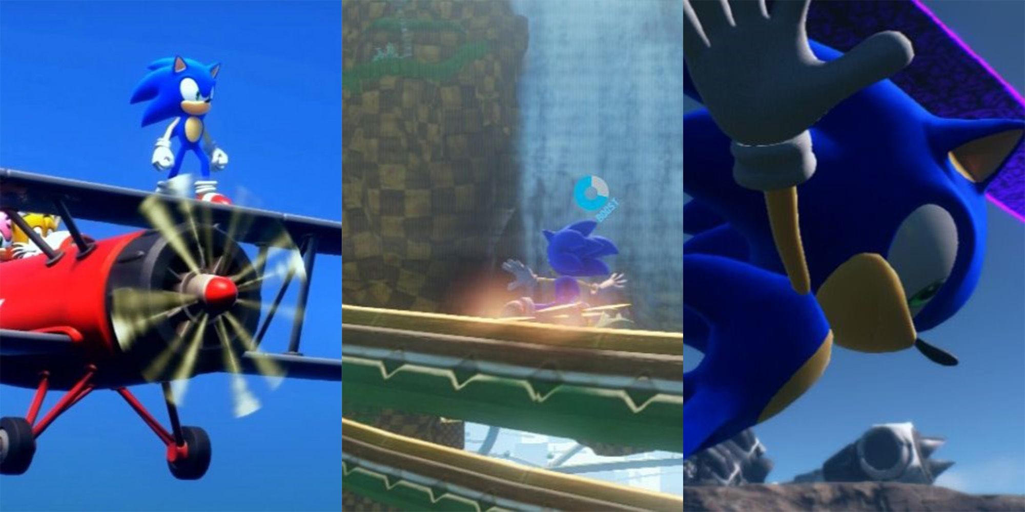 Pro Tricks in Sonic Frontiers feature image with sonic on a plane, rail sliding, and soaring across the sky in speed