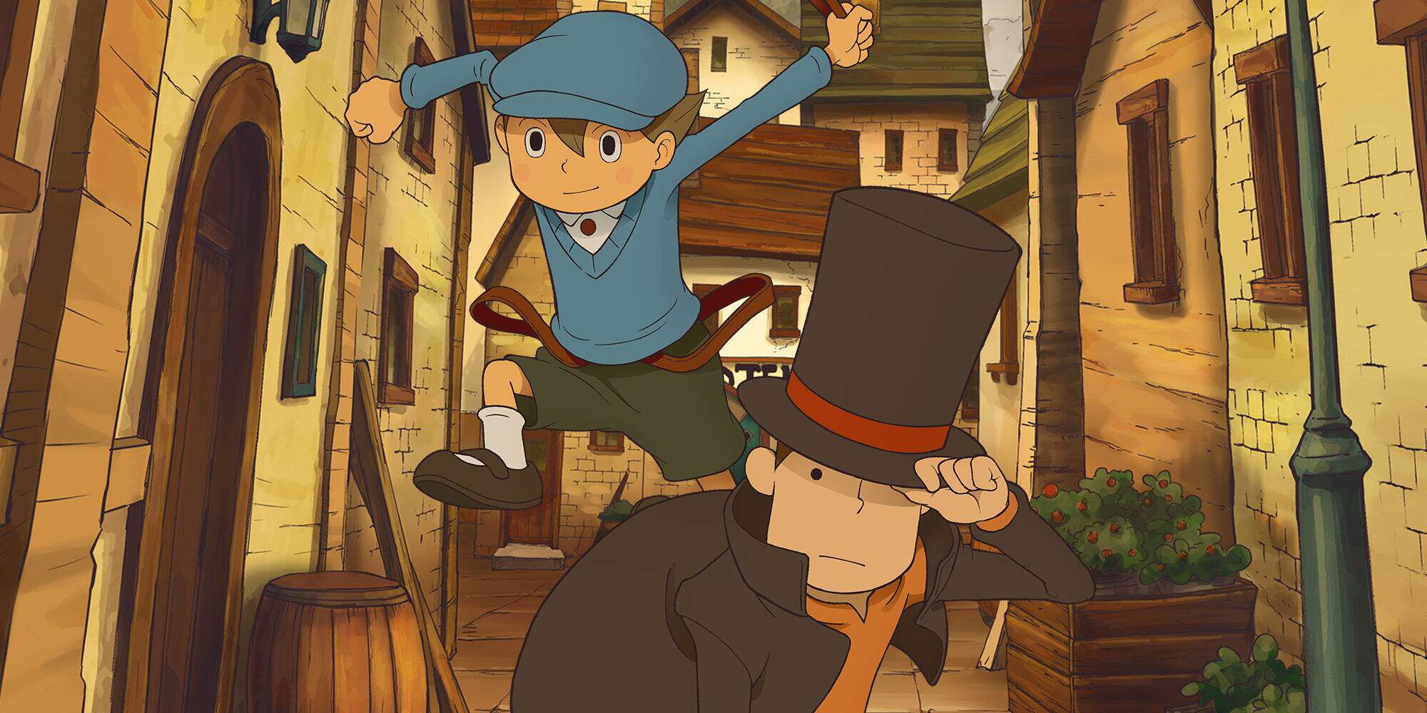 Professor Layton with Luke jumping behind him in a stone alleyway