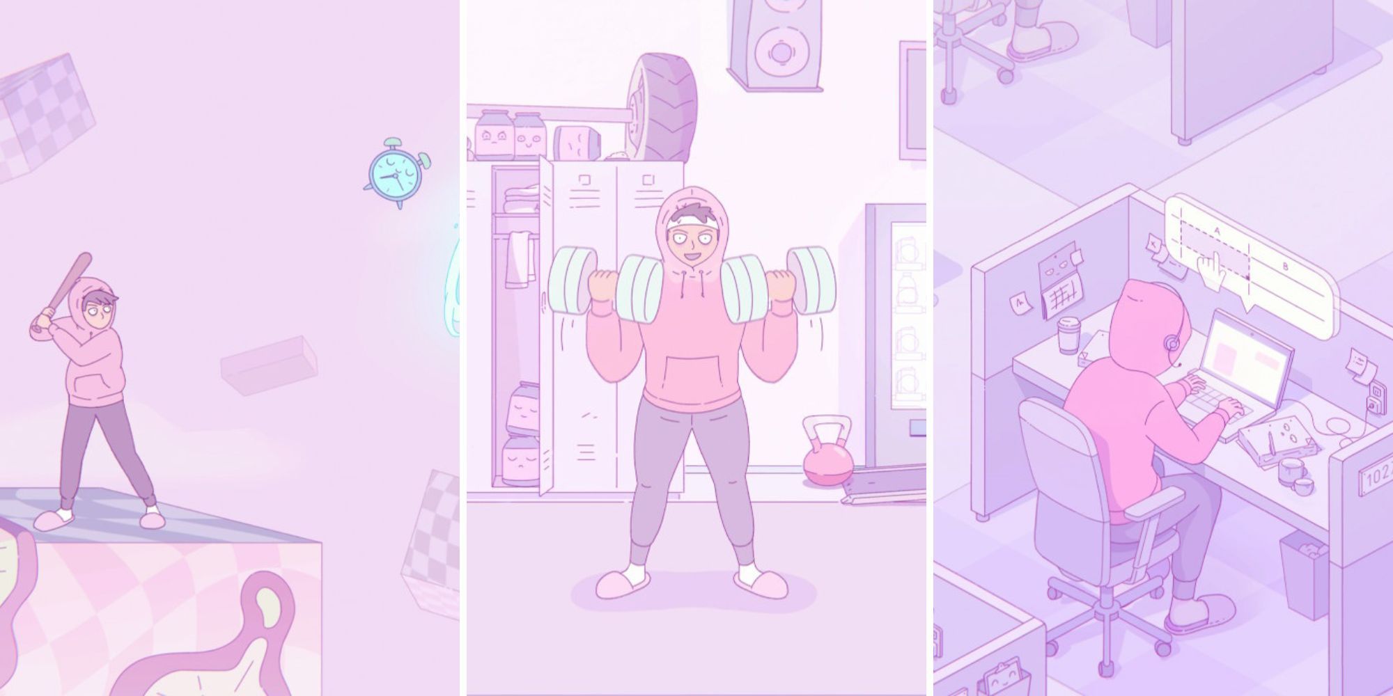Melatonin: Split image showing the protagonist swinging a bat at a clock, lifting weights, and working at a desk