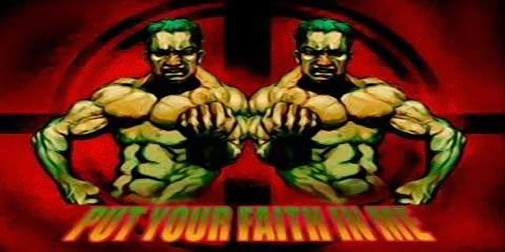 Two buff men flex against a target on the background art for the track, Put Your Faith In Me, from Dance Dance Revolution 2nd Mix.