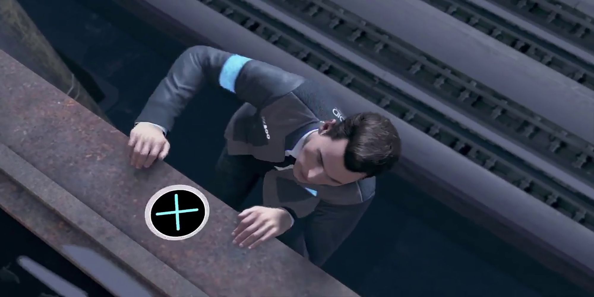 Connor hangs on to the ledge of a building in this QTE from Detroit Become Human.