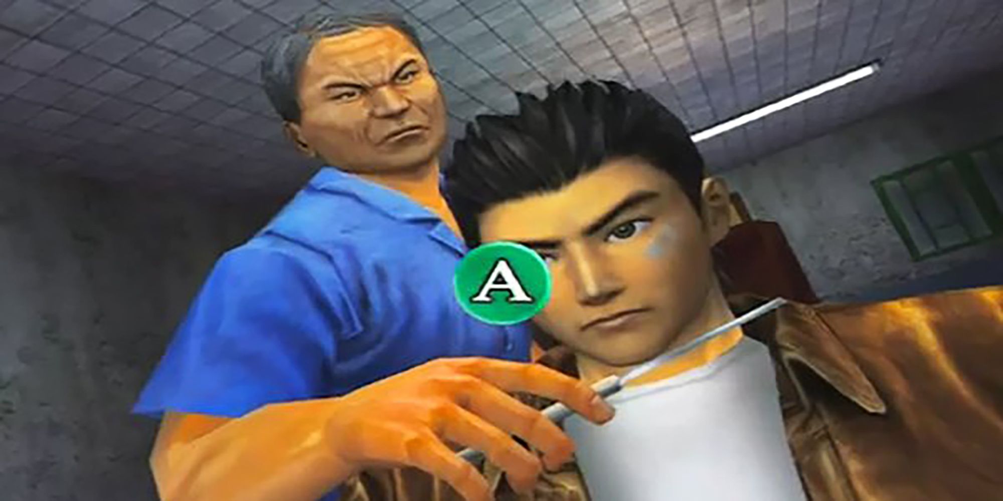 Ryo Hazuki remains still while Zhangyu holds a razor blade near his neck in this QTE from Shenmue.