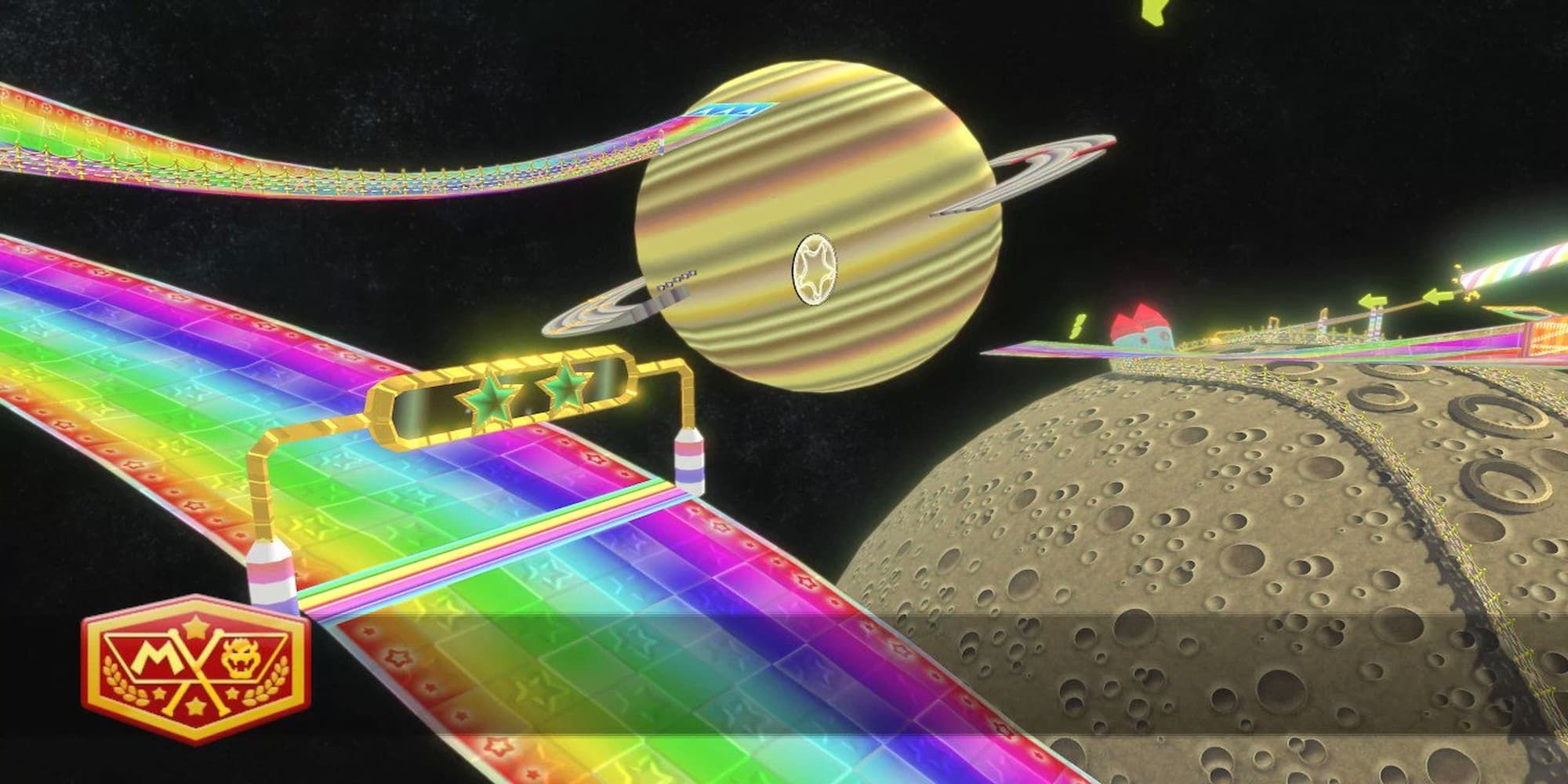 The 3DS version of Rainbow Road recreated in Mario Kart 8 showcased the rainbow colored track with parts going over the moon and wrapping around a planet as if it were the rings of Saturn.