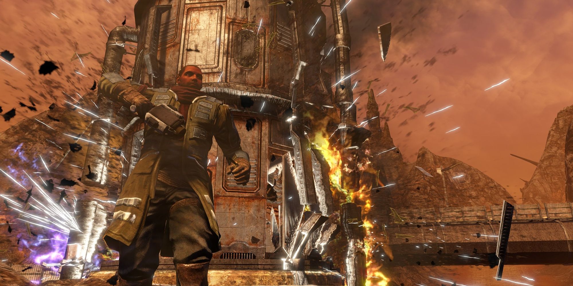 The main character in Red Faction Guerilla walks away from an exploding building