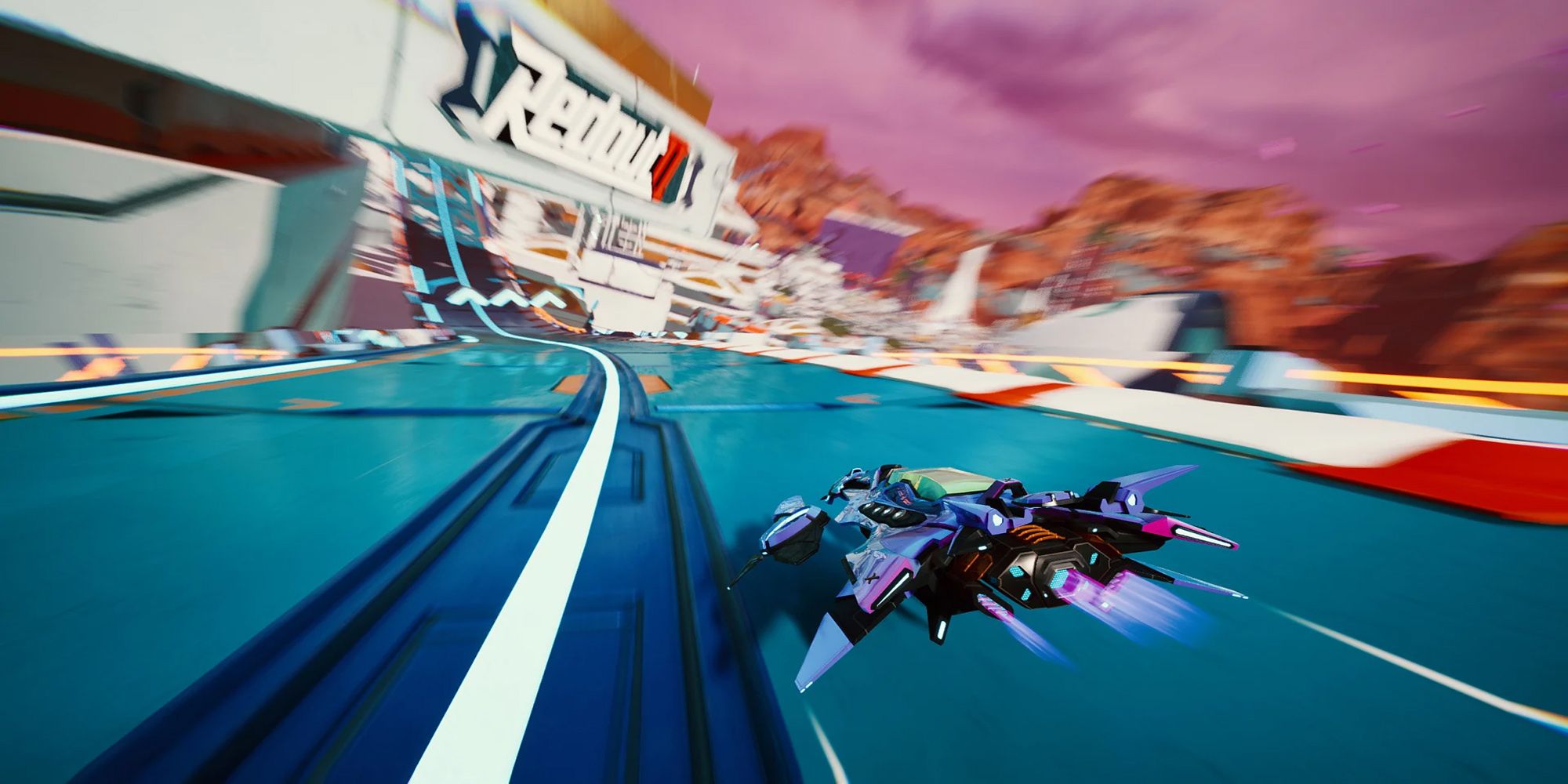 A futuristic hover vehicle races through a track at warp speed in Redout 2.