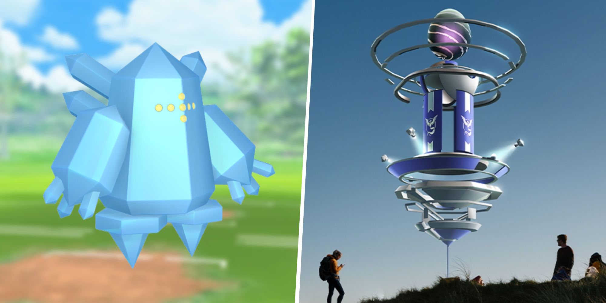 Image of Regice split with an image of a people standing around a Pokemon Go Raid