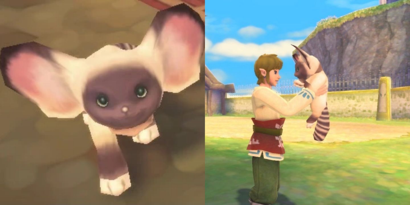 Split image screenshots of a close-up of a Remlit and Link holding a Remlit in Skyward Sword.