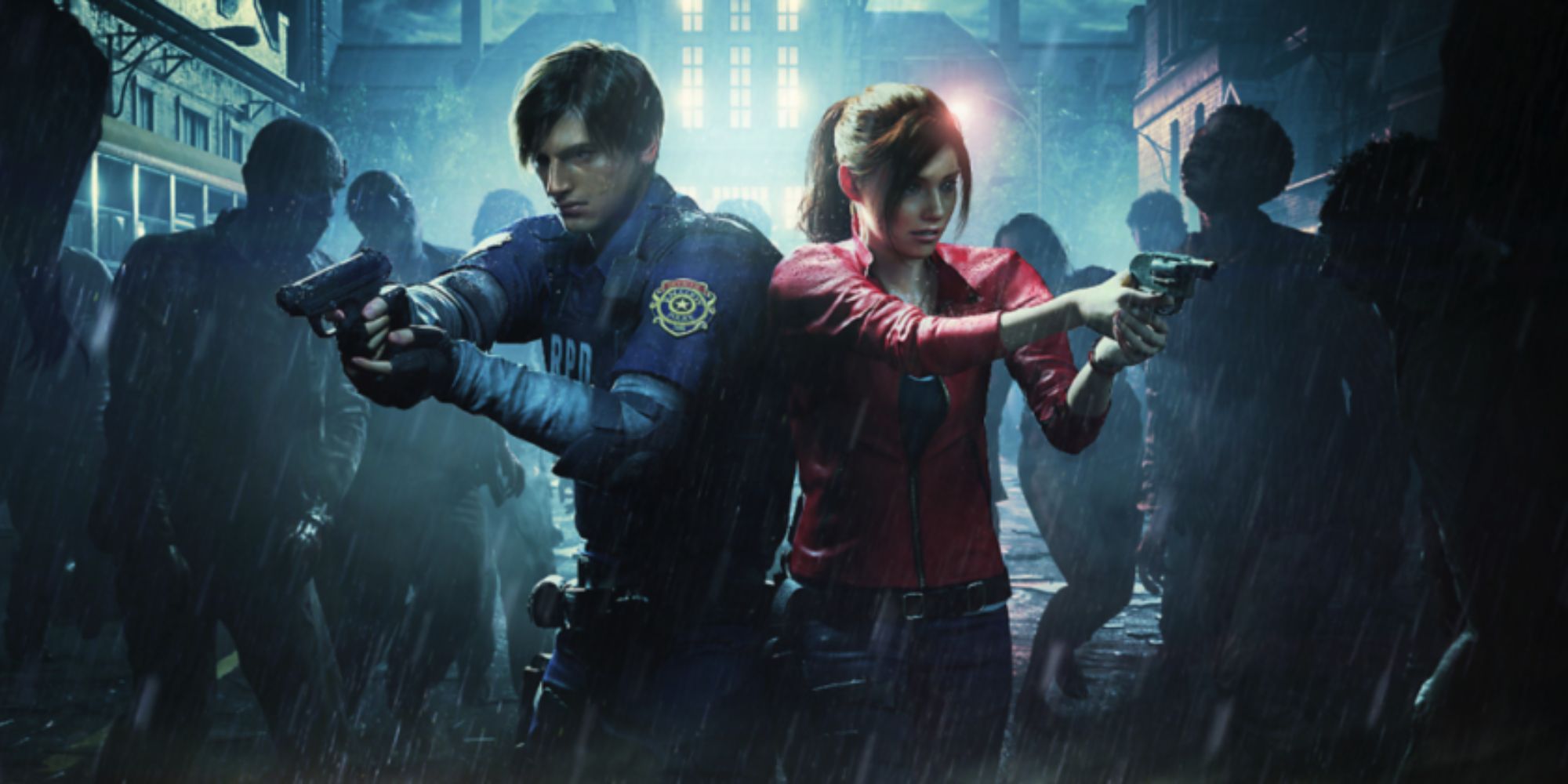 Resident Evil 2 Claire And Leon Standing Back To Back, Pointing Their Guns At A Hoard Of Zombies
