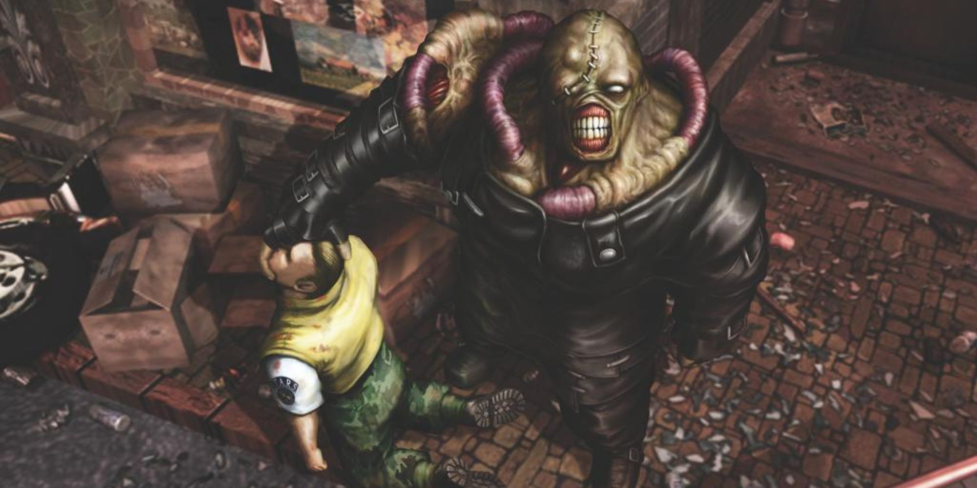 Resident Evil 3 - Key art of Nemesis after killing Brad in Raccoon City