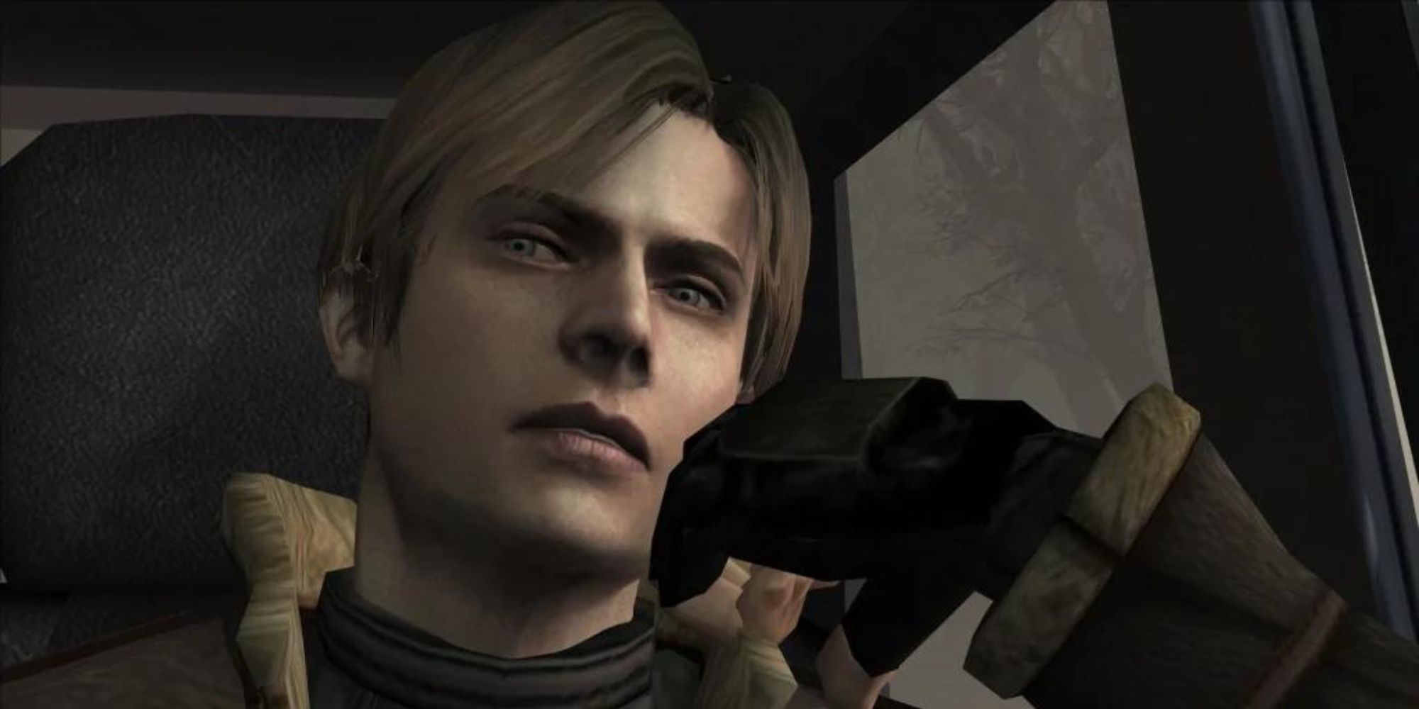 Resident Evil 4 Leon Kennedy resting his arm in the escort car deep in thought on the way to the village.