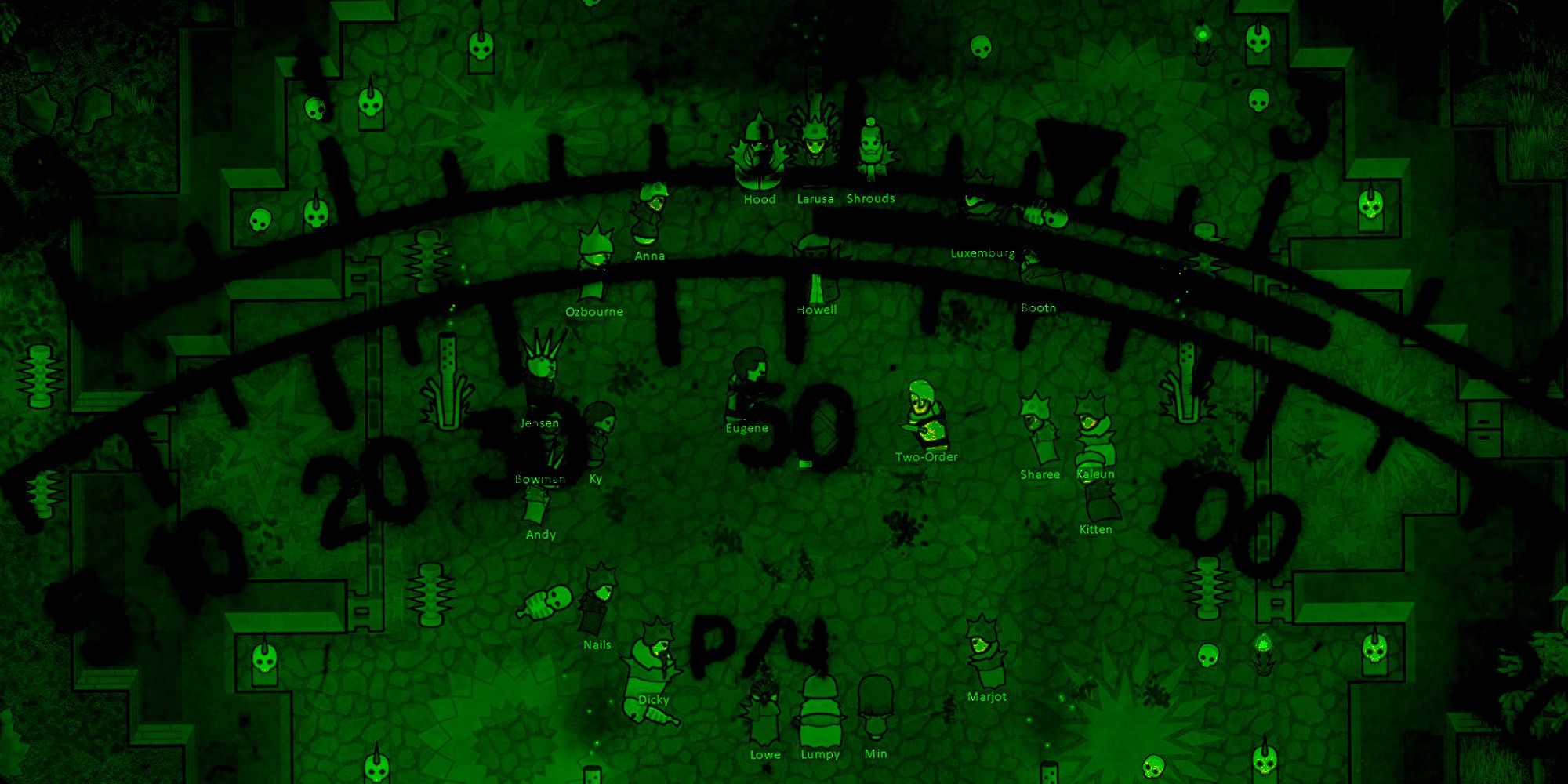 a rmworld base with a geiger counter over it and everything in a green hue