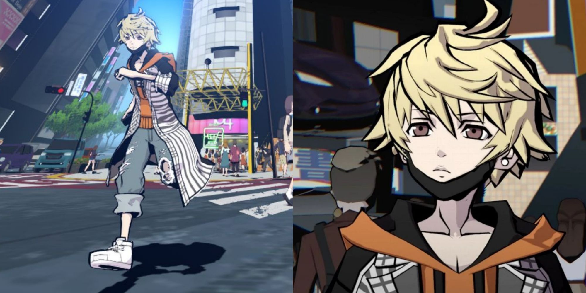 Split screenshots of Rindo Kanade's full outfit and a close up of Rindo in NEO The World Ends With You