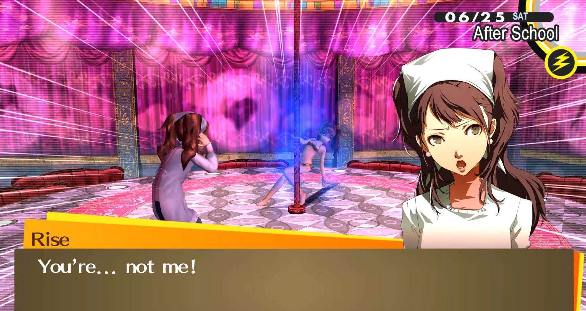 rise denying her shadow self in the marukyu striptease dungeon in persona 4 golden rise's dungeon p4g