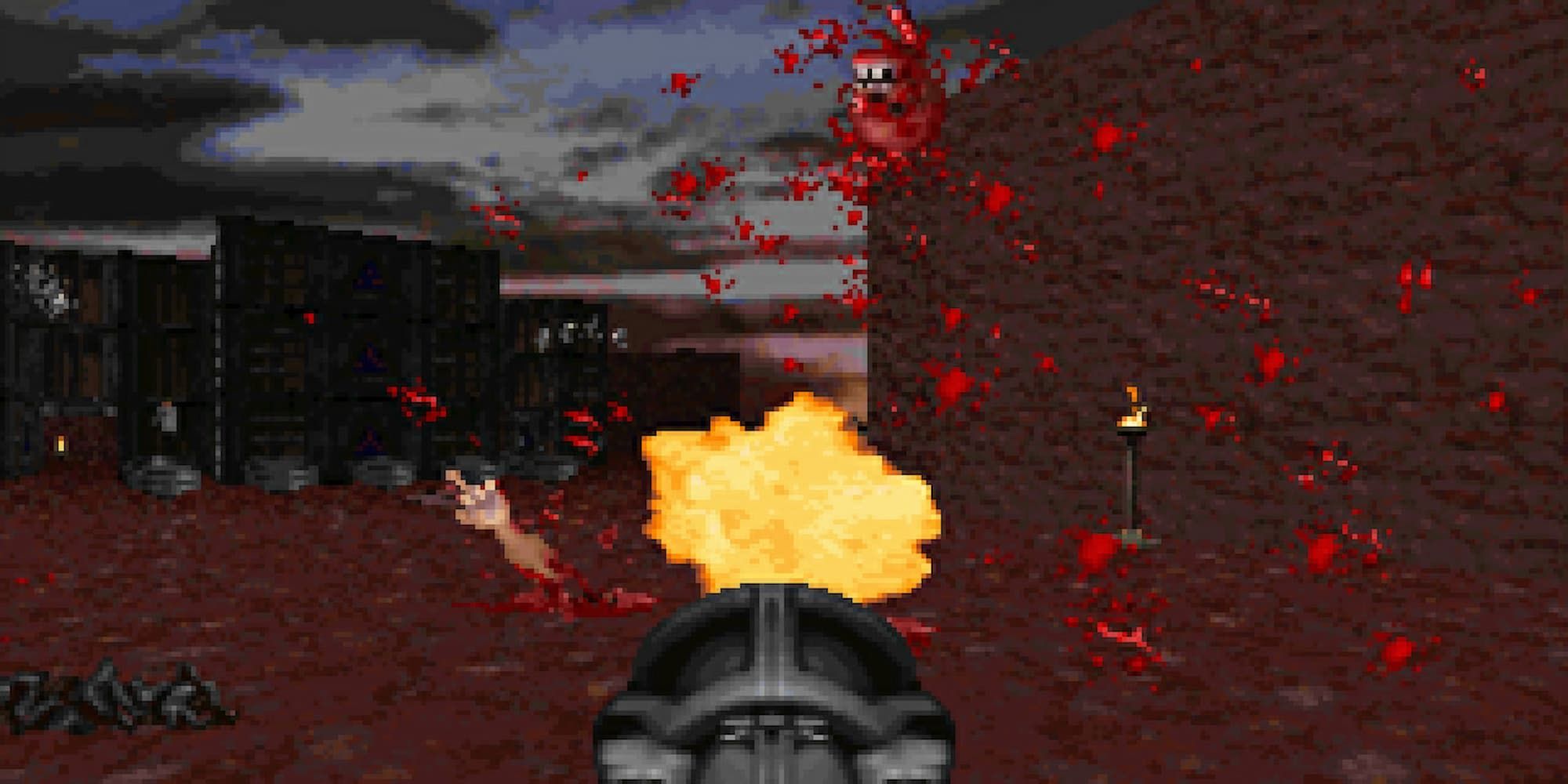 A player obliterates a monster in Rise of the Triad with the rocket launcher.